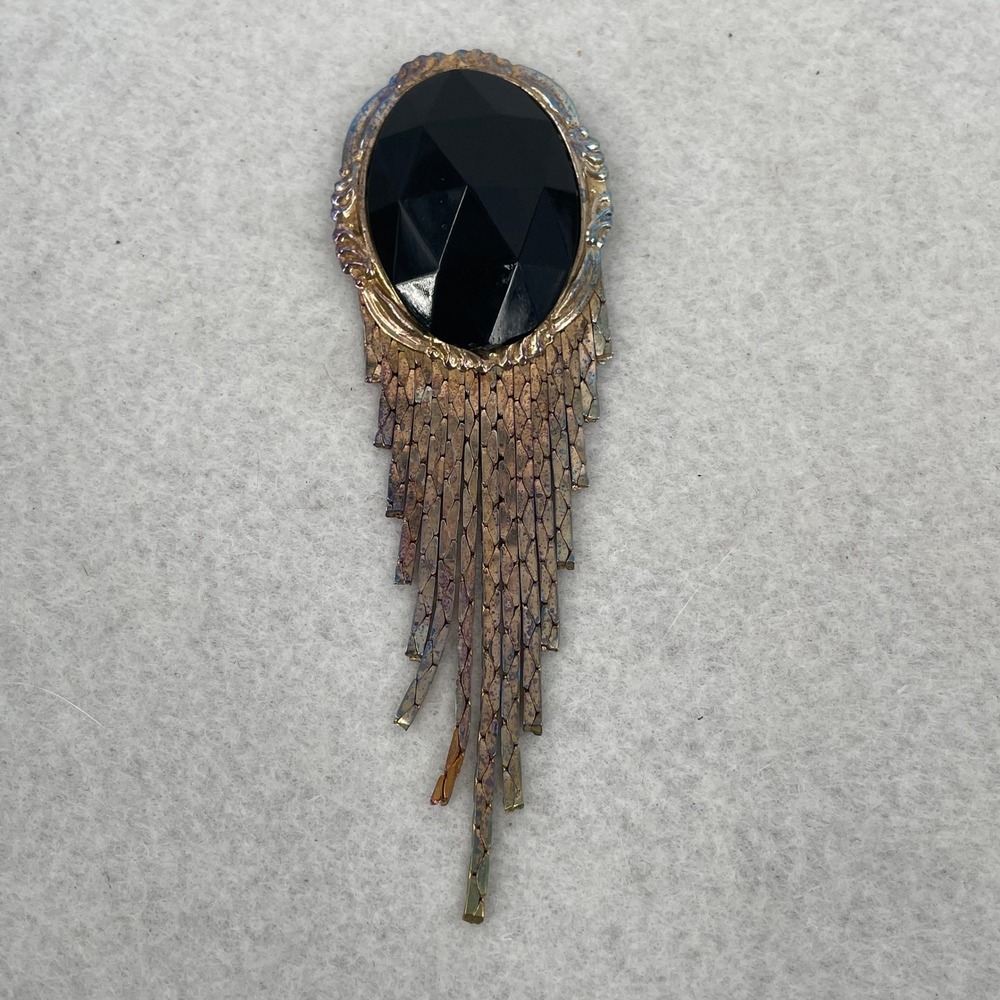 Vintage Black Faceted Stone Waterfall Fringe Brooch Gold‎ Tone Statement Pin